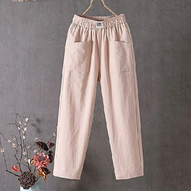 Buddha Stones Summer Pure Color Elastic Waist Cotton Linen Women's Harem Pants With Pockets