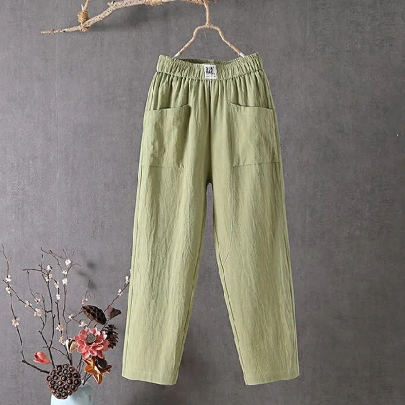 Buddha Stones Summer Pure Color Elastic Waist Cotton Linen Women's Harem Pants With Pockets