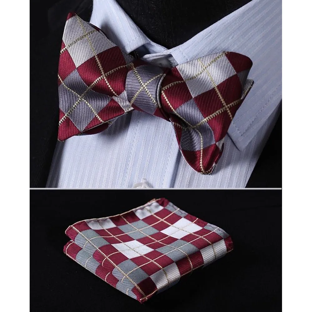 Burgundy Gray check Mens Silk Self tie Bow Tie with Pocket Squares Set