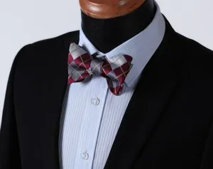 Burgundy Gray check Mens Silk Self tie Bow Tie with Pocket Squares Set