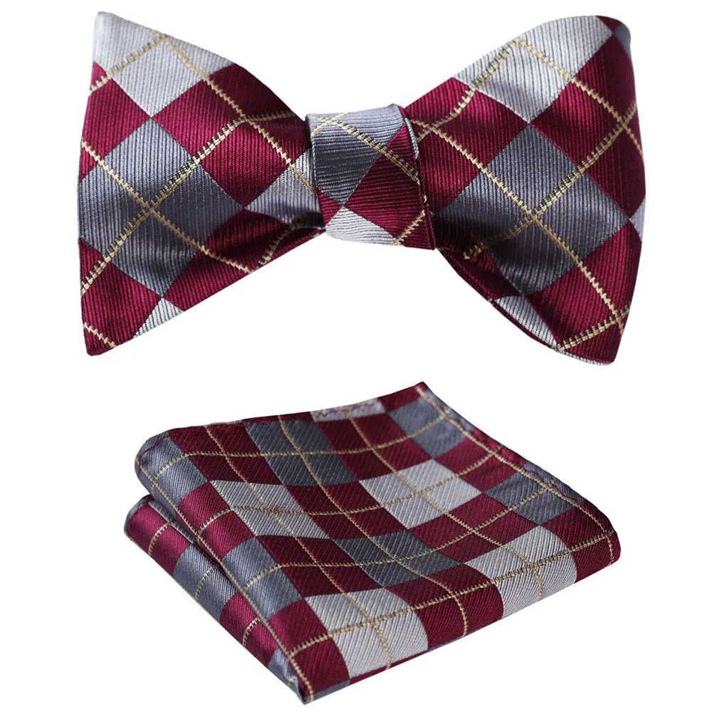 Burgundy Gray check Mens Silk Self tie Bow Tie with Pocket Squares Set