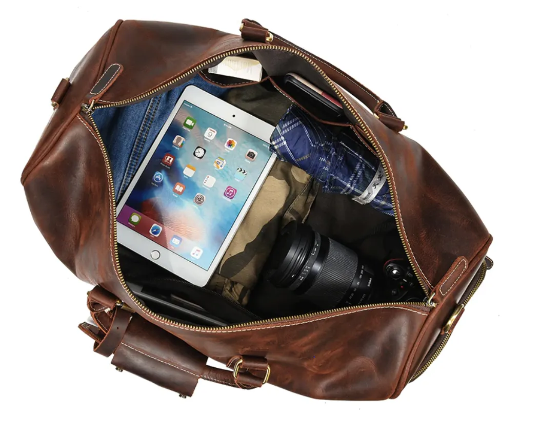 Chic Vacationer Carry-On Cowhide Leather Duffel Bag with Shoe Pocket