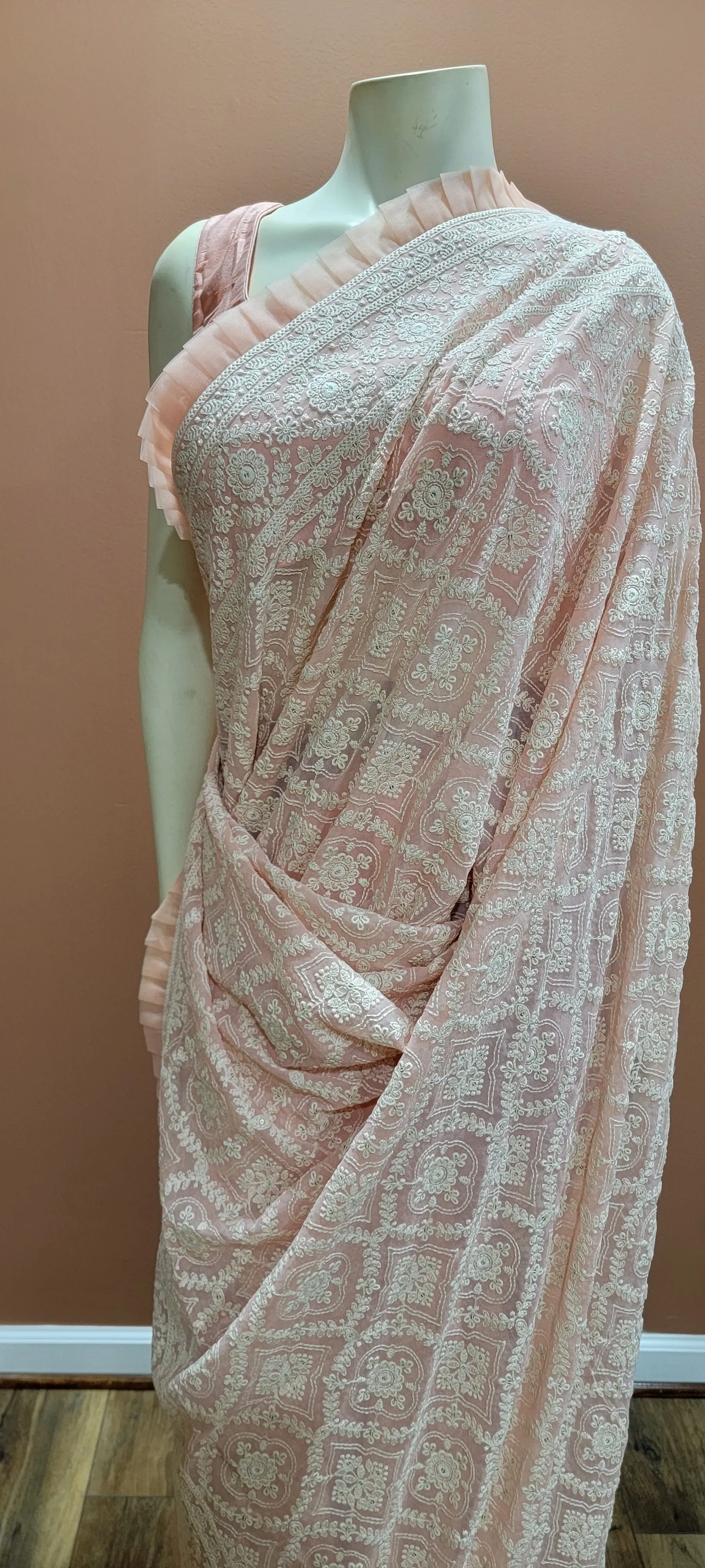 Chikankari Georgette Saree w/ raw silk Blouse in Peach