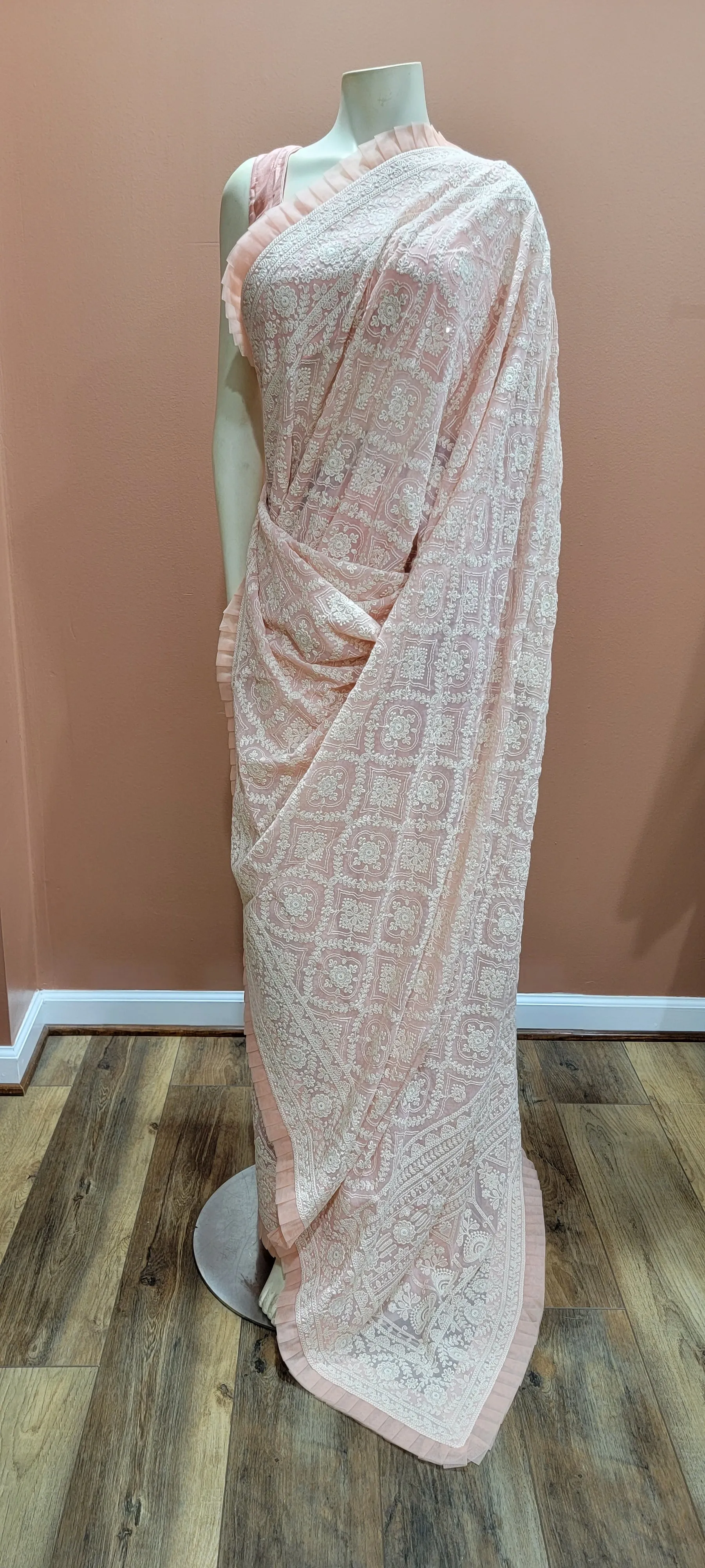 Chikankari Georgette Saree w/ raw silk Blouse in Peach