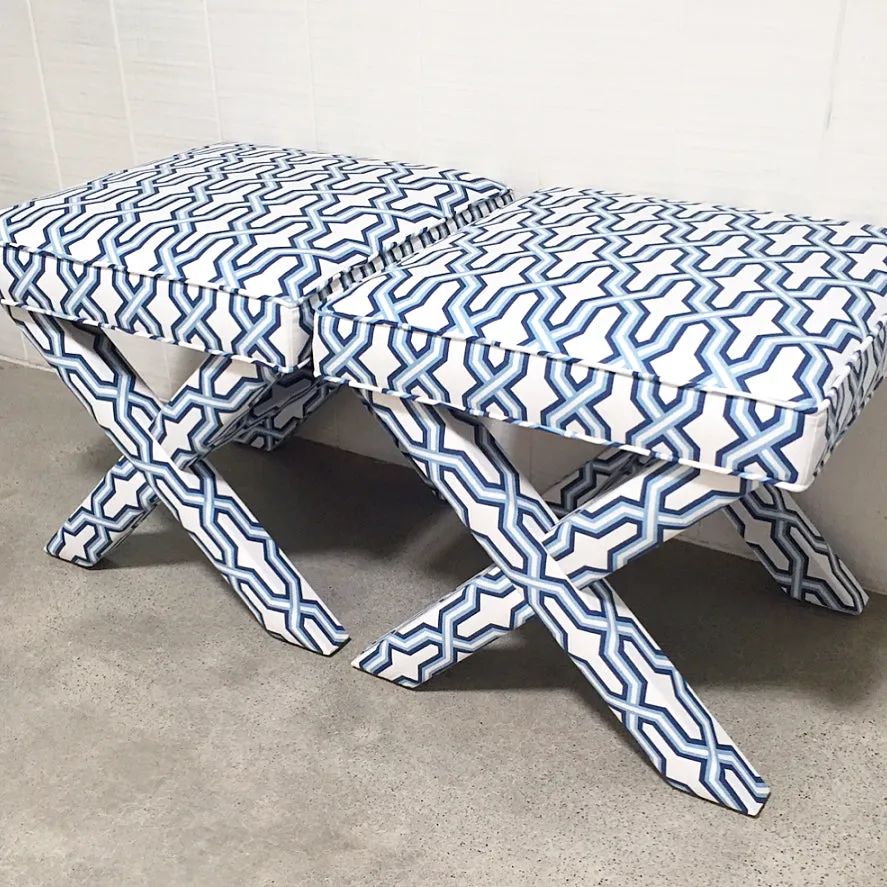 China Seas Fabric: Gorrivan Fretwork - Custom Taupe / Shrimp on White Belgian Linen / Cotton