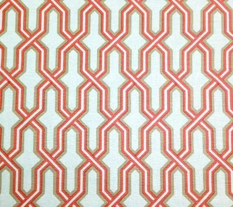 China Seas Fabric: Gorrivan Fretwork - Custom Taupe / Shrimp on White Belgian Linen / Cotton