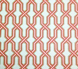 China Seas Fabric: Gorrivan Fretwork - Custom Taupe / Shrimp on White Belgian Linen / Cotton