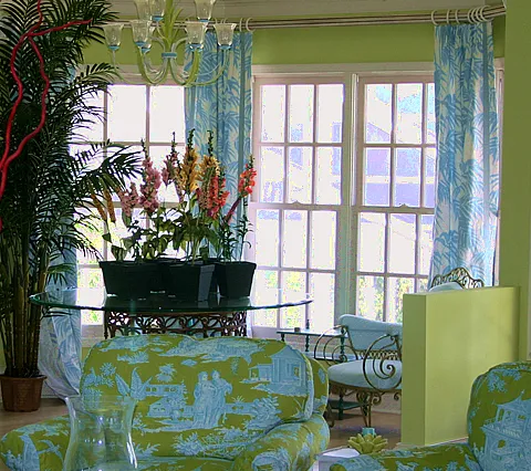 China Seas Fabric: Martinique Reverse - Custom Light Green on Tan 100% Belgian Linen