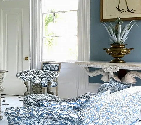 China Seas Fabric: Nairobi Petite - Custom Aqua on White Belgian Linen / Cotton