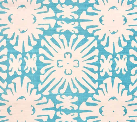 China Seas Fabric: Sigourney Small Scale Reverse - Custom Turquoise on White Belgian Linen / Cotton