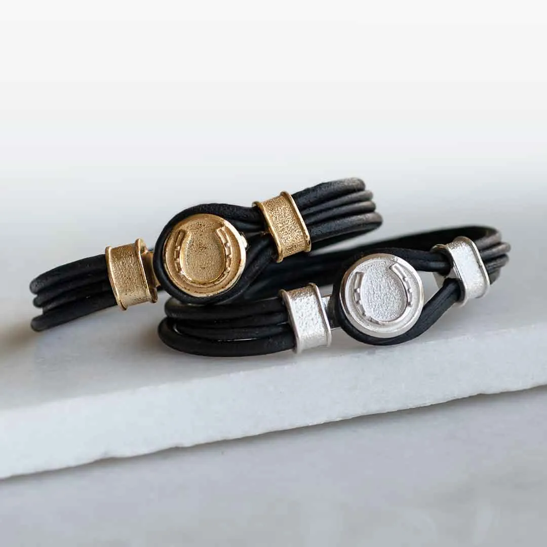 Colton - Horseshoe Dome Lock Braided Strap and 14K Gold on Sterling Silver Black Bracelet