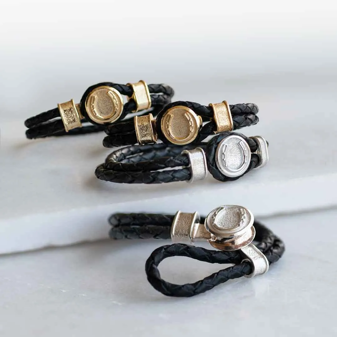 Colton - Horseshoe Dome Lock Braided Strap and 14K Gold on Sterling Silver Black Bracelet