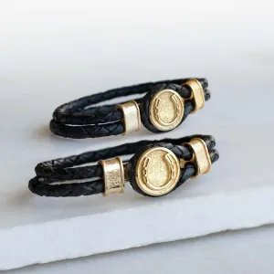 Colton - Horseshoe Dome Lock Braided Strap and 14K Gold on Sterling Silver Black Bracelet