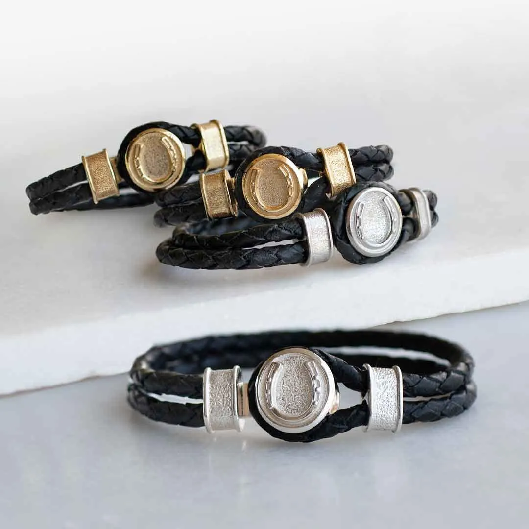Colton - Horseshoe Dome Lock Braided Strap and 14K Gold on Sterling Silver Black Bracelet