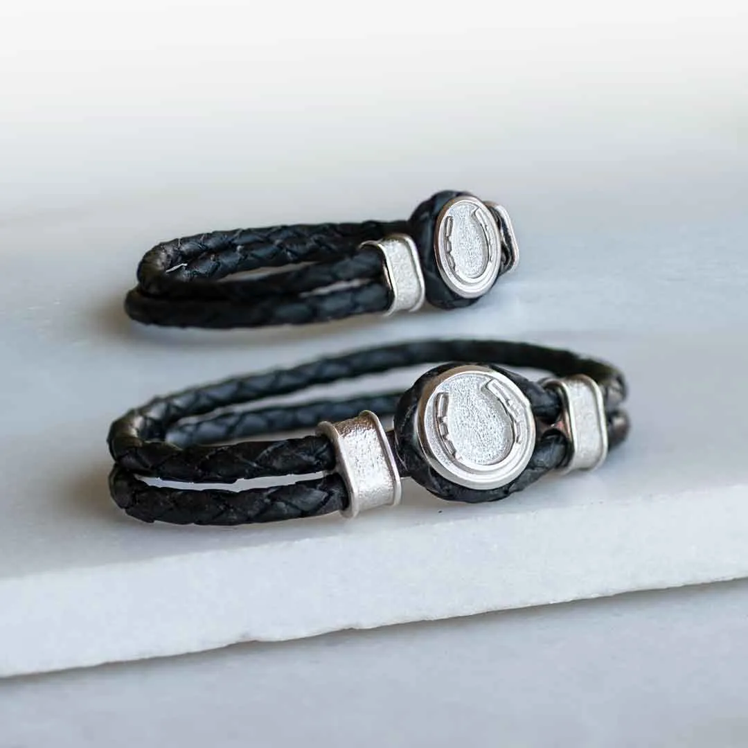 Colton - Horseshoe Dome Lock Braided Strap and 14K Gold on Sterling Silver Black Bracelet