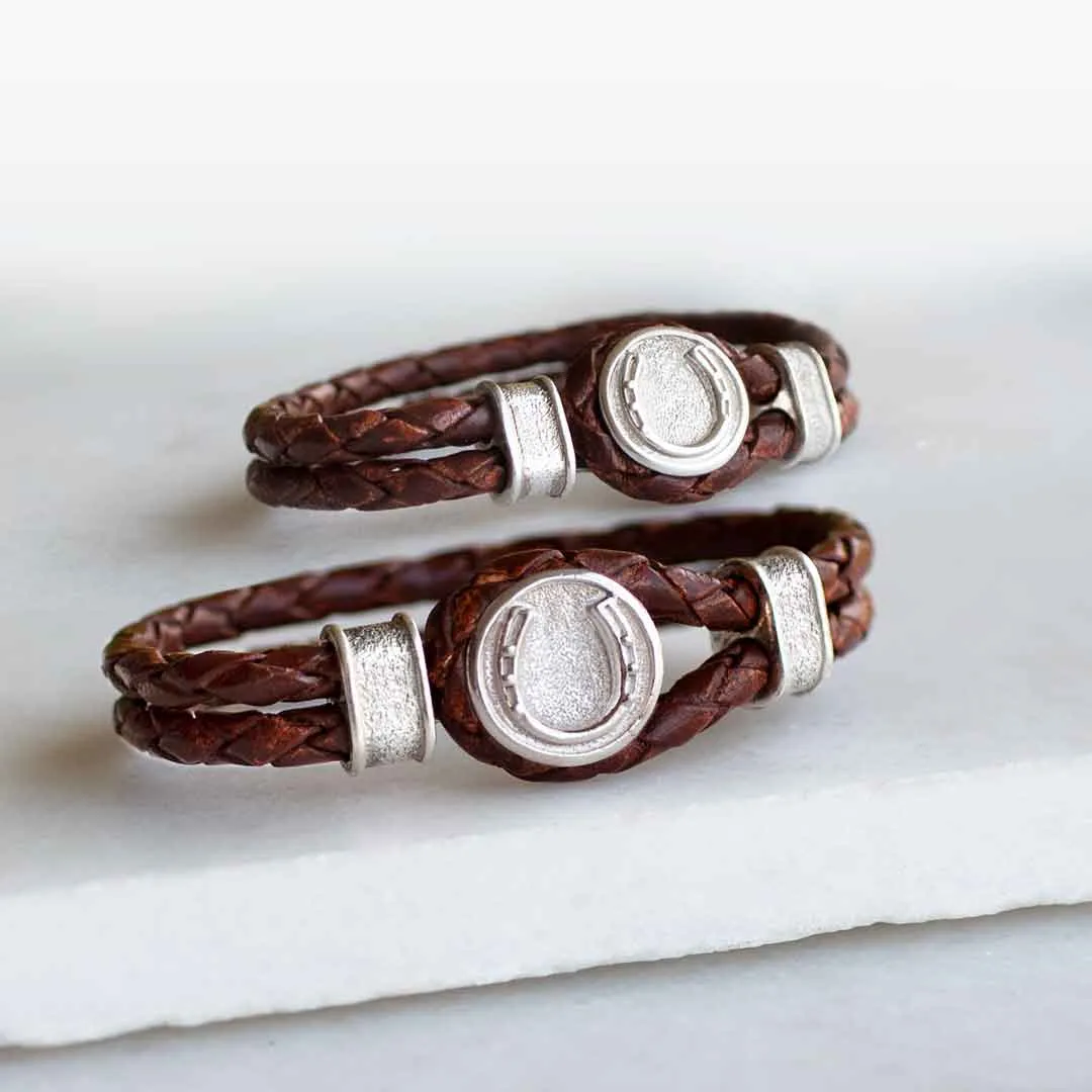 Colton - Horseshoe Dome Lock Braided Strap and 14K Gold on Sterling Silver Brown Bracelet