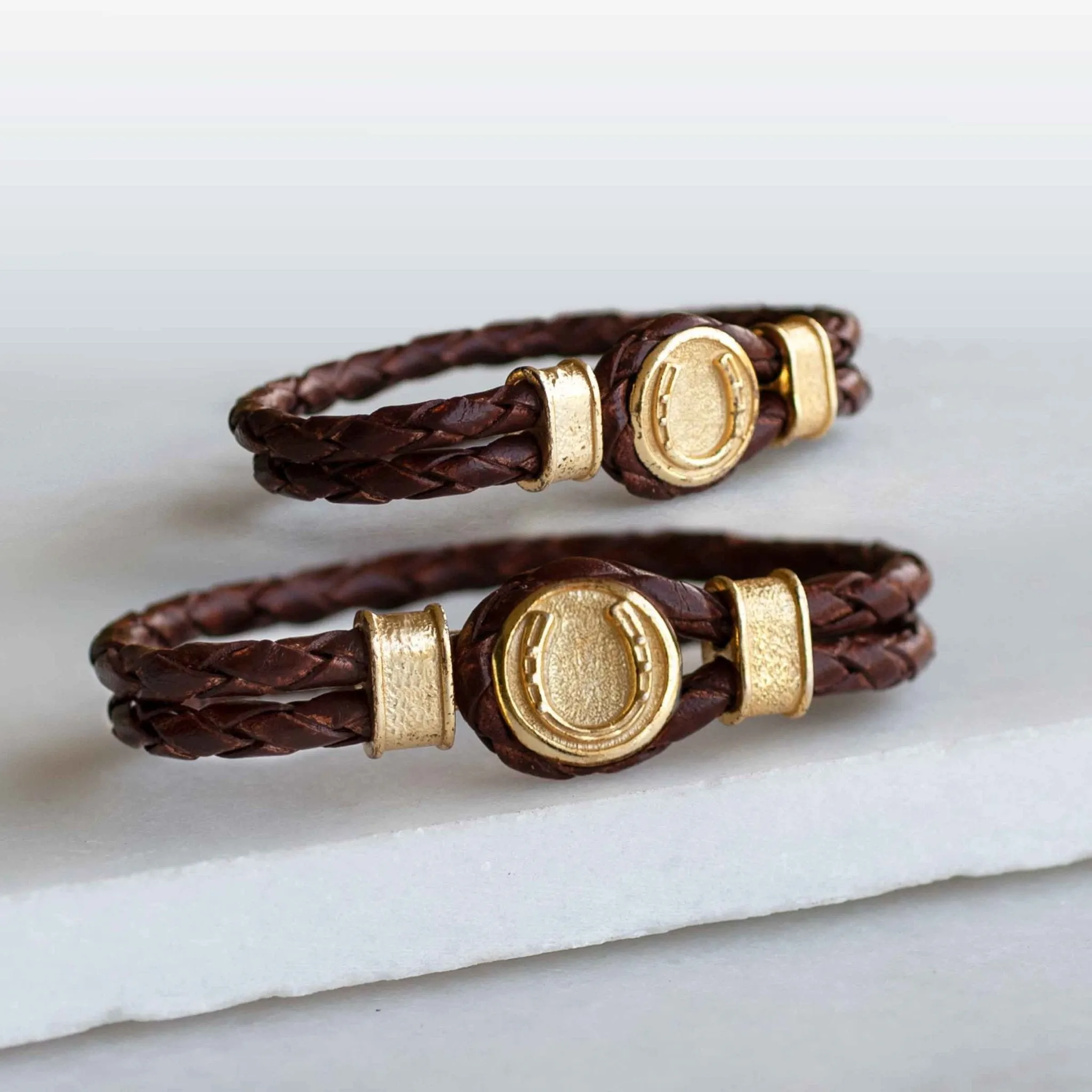 Colton - Horseshoe Dome Lock Braided Strap and 14K Gold on Sterling Silver Brown Bracelet
