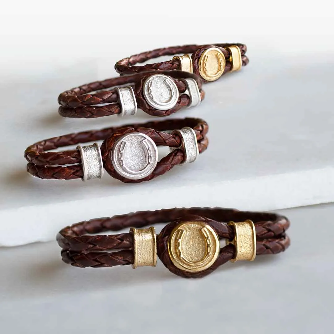 Colton - Horseshoe Dome Lock Braided Strap and 14K Gold on Sterling Silver Brown Bracelet