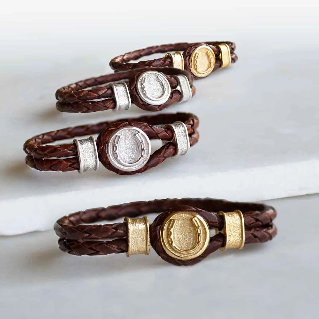 Colton - Horseshoe Dome Lock Braided Strap and 14K Gold on Sterling Silver Brown Bracelet