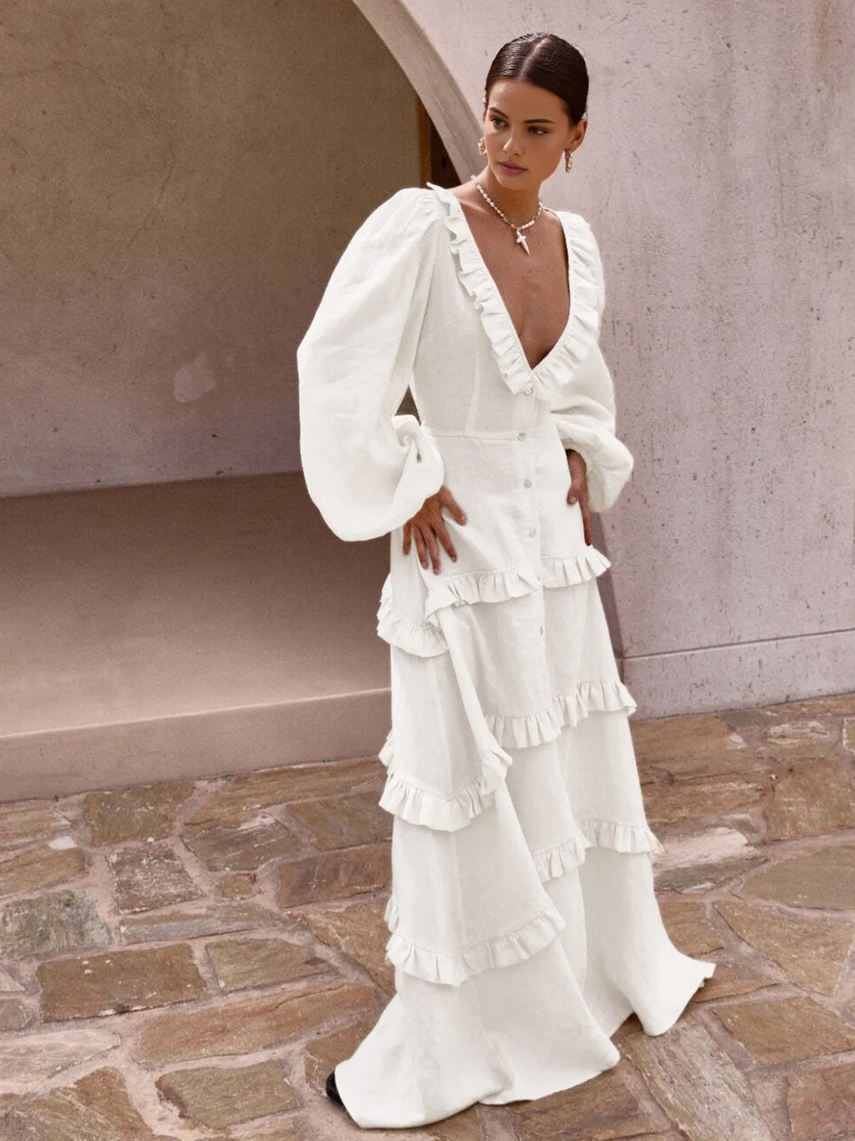 Cotton & Linen Semi-Sheer Ruffle Trim Long Dress