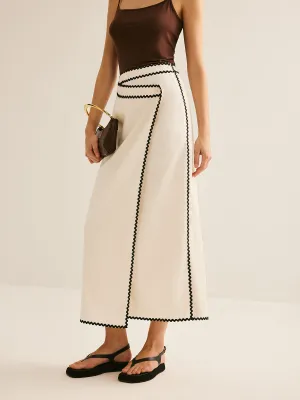 Cotton & Linen Wave Trim Midi Skirt