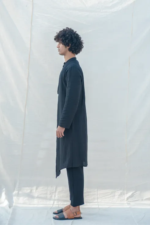 Cotton X Linen Black Overlap & Pleated Kurta