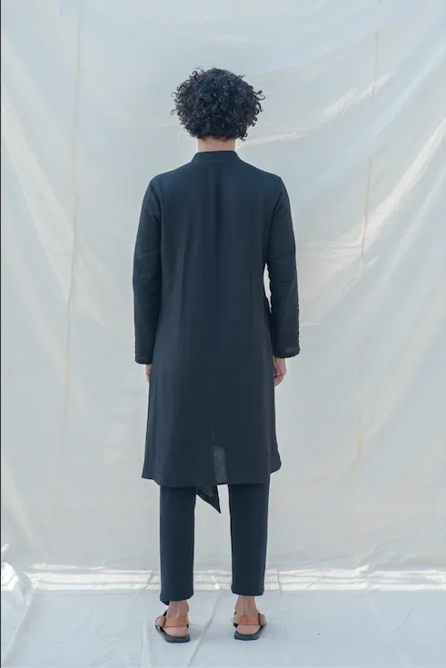 Cotton X Linen Black Overlap & Pleated Kurta