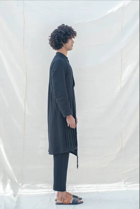 Cotton X Linen Black Overlap & Pleated Kurta