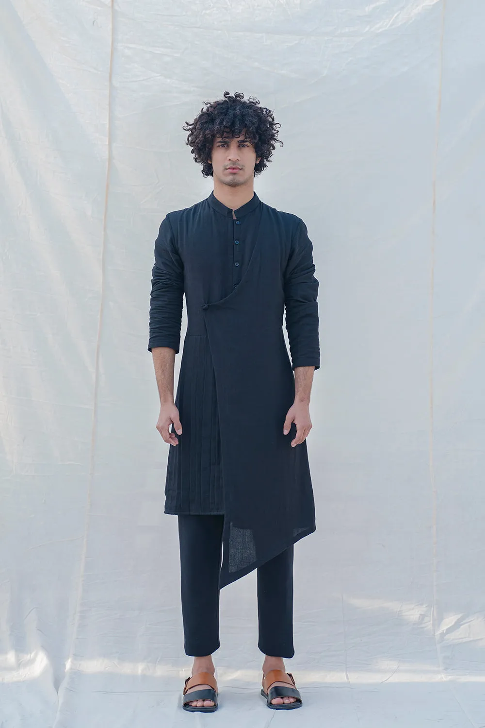 Cotton X Linen Black Overlap & Pleated Kurta