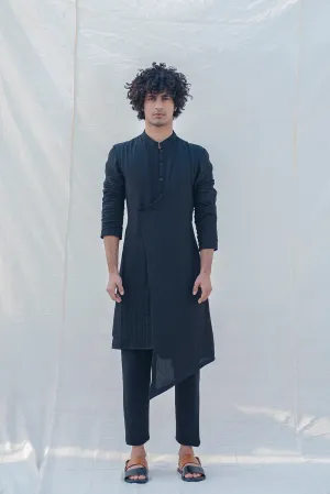 Cotton X Linen Black Overlap & Pleated Kurta