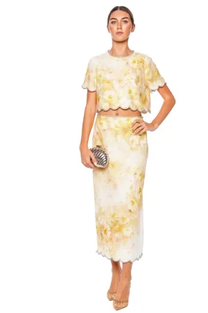 Crush Yellow Floral Scalloped Midi Skirt