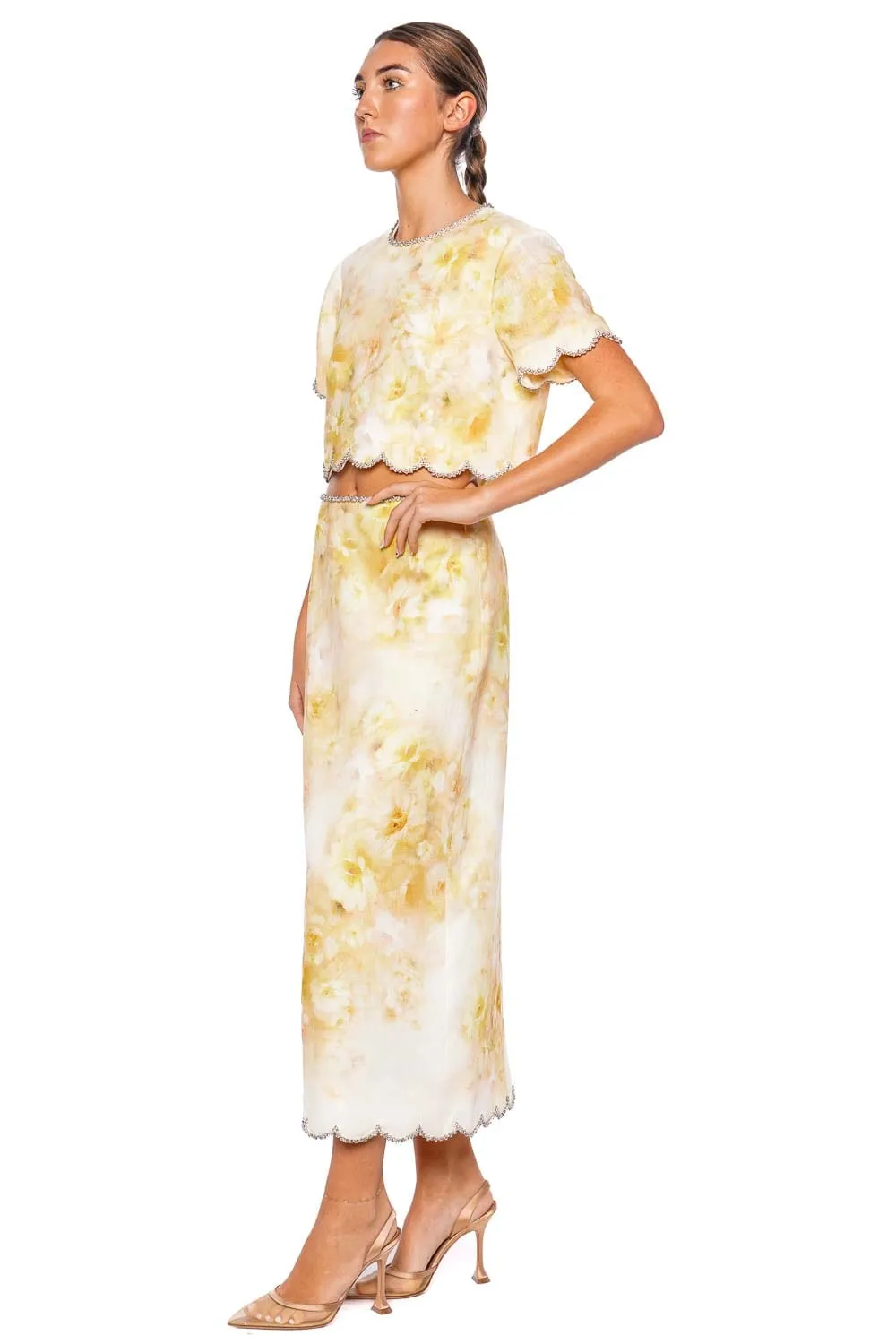 Crush Yellow Floral Scalloped Midi Skirt