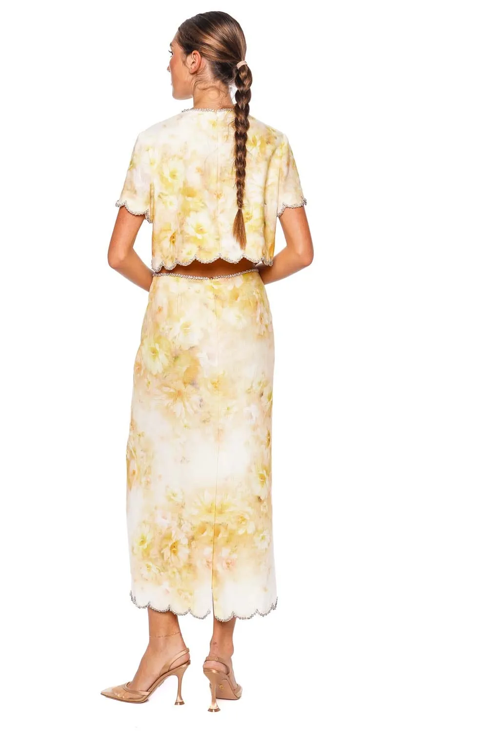 Crush Yellow Floral Scalloped Midi Skirt