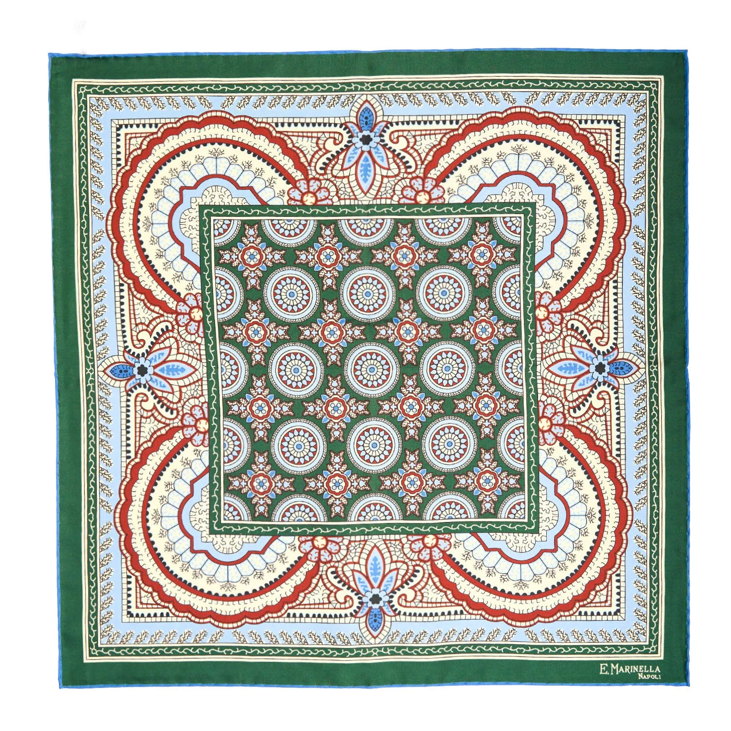 DARK GREEN HAND-PRINTED SILK POCKET SQUARE