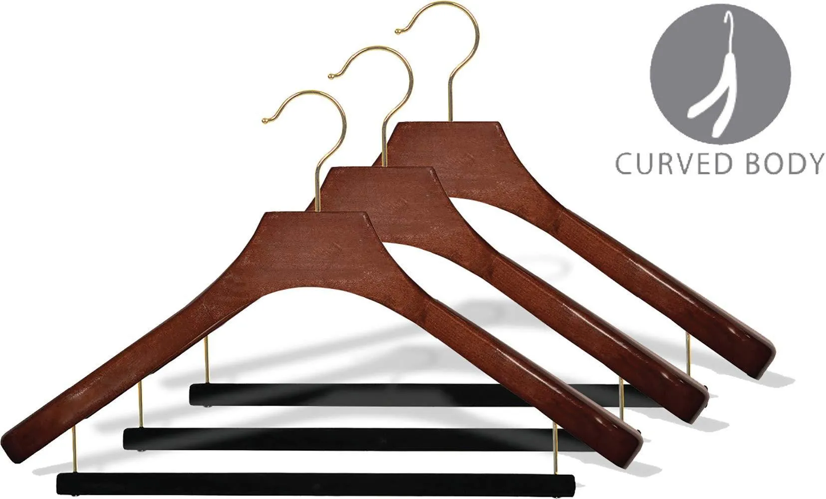 Deluxe Wooden Suit Hanger with Velvet Bar, Walnut Finish & Brass Swivel Hook, Large 2 Inch Wide Contoured Coat & Jacket Hangers (Set of 12) by The Great American Hanger Company