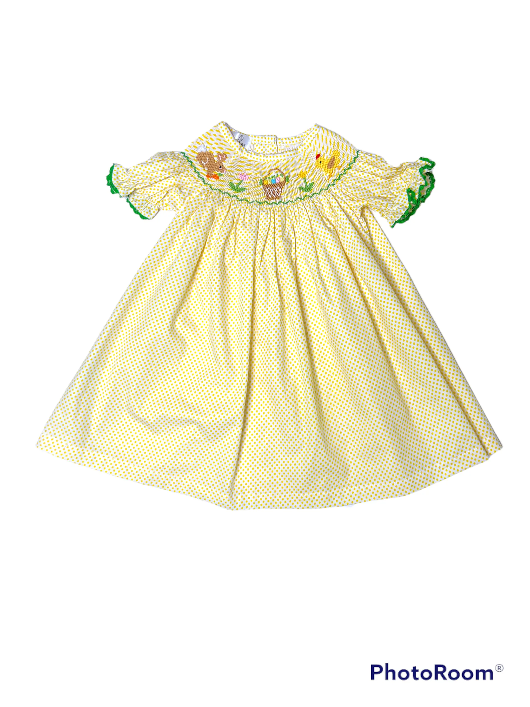 Easter light yellow polka dot smocked dress