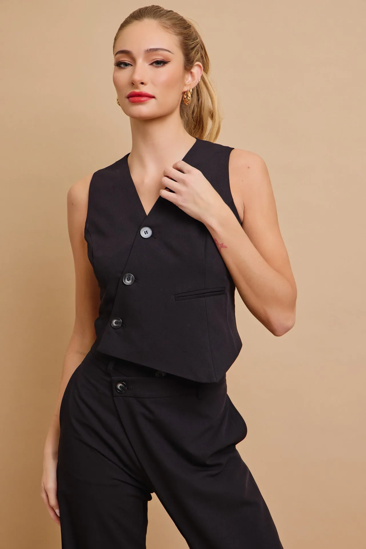 Effortless Flow Woven Asymmetrical Hem Vest & Wide Leg Pants Set