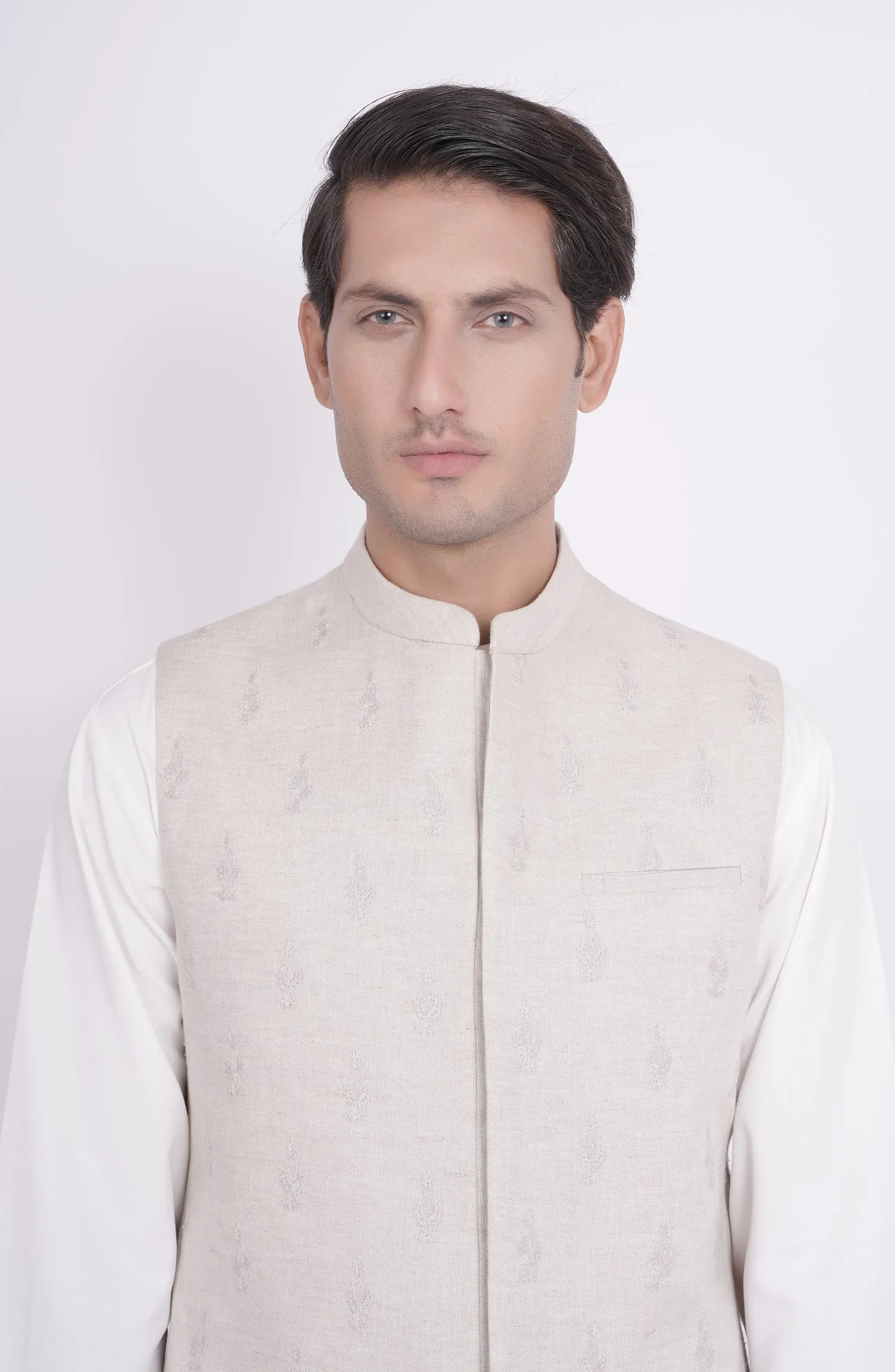 Embr Cotn Linen Mens Wstcot