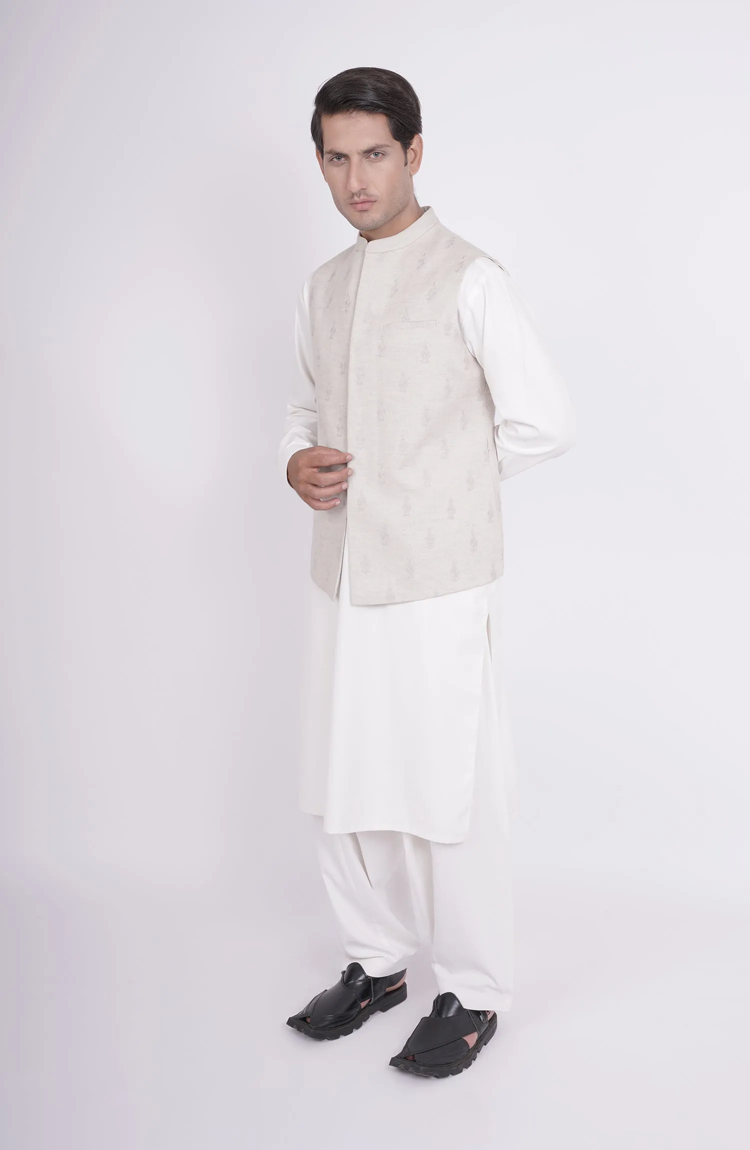 Embr Cotn Linen Mens Wstcot