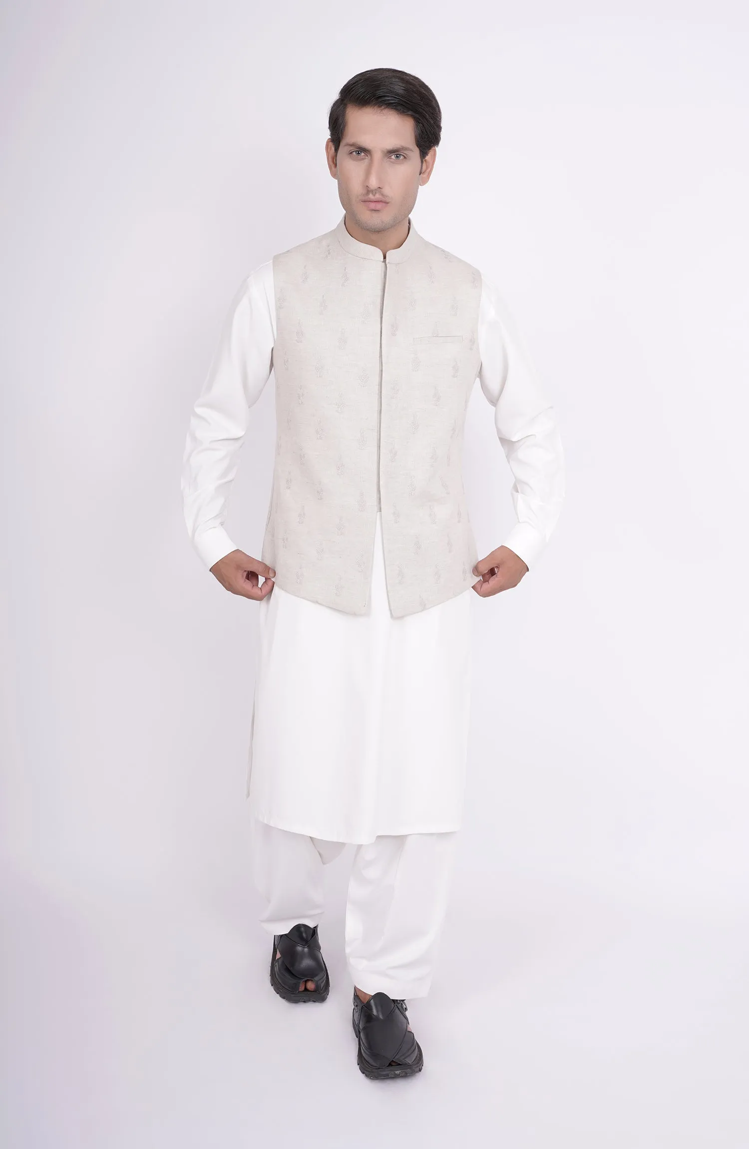 Embr Cotn Linen Mens Wstcot