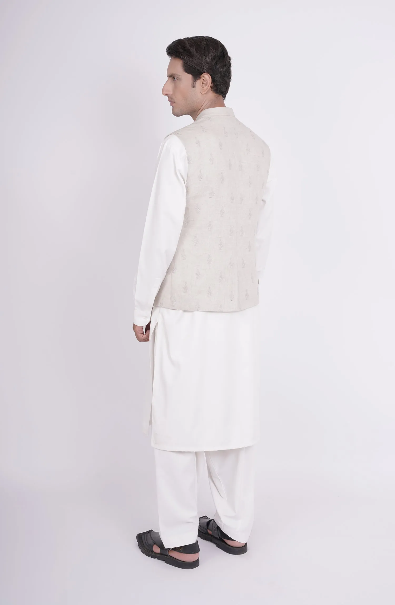 Embr Cotn Linen Mens Wstcot