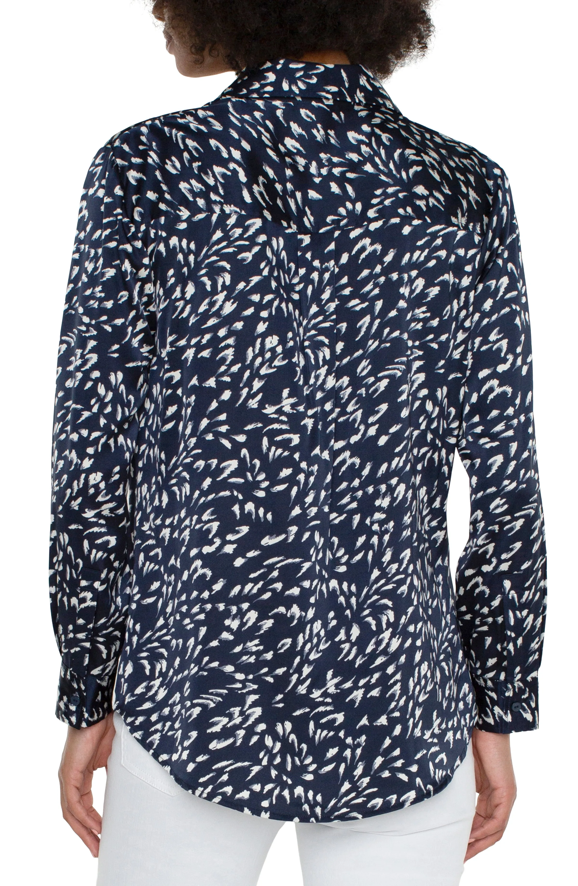 Flap Pocket Button Front Woven Long Slv Blouse