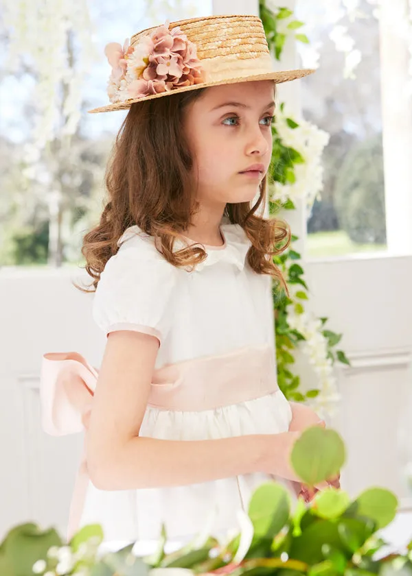 Flower Girl Ivory Dress with Pink Silk Sash (12mths-10yrs)