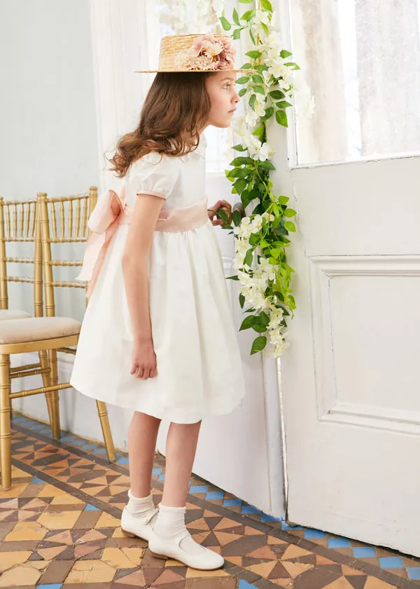 Flower Girl Ivory Dress with Pink Silk Sash (12mths-10yrs)