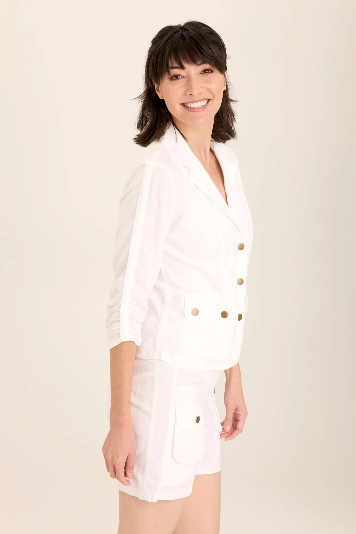 Folksy Linen/Stretch 4-Pocket Shirred Blazer