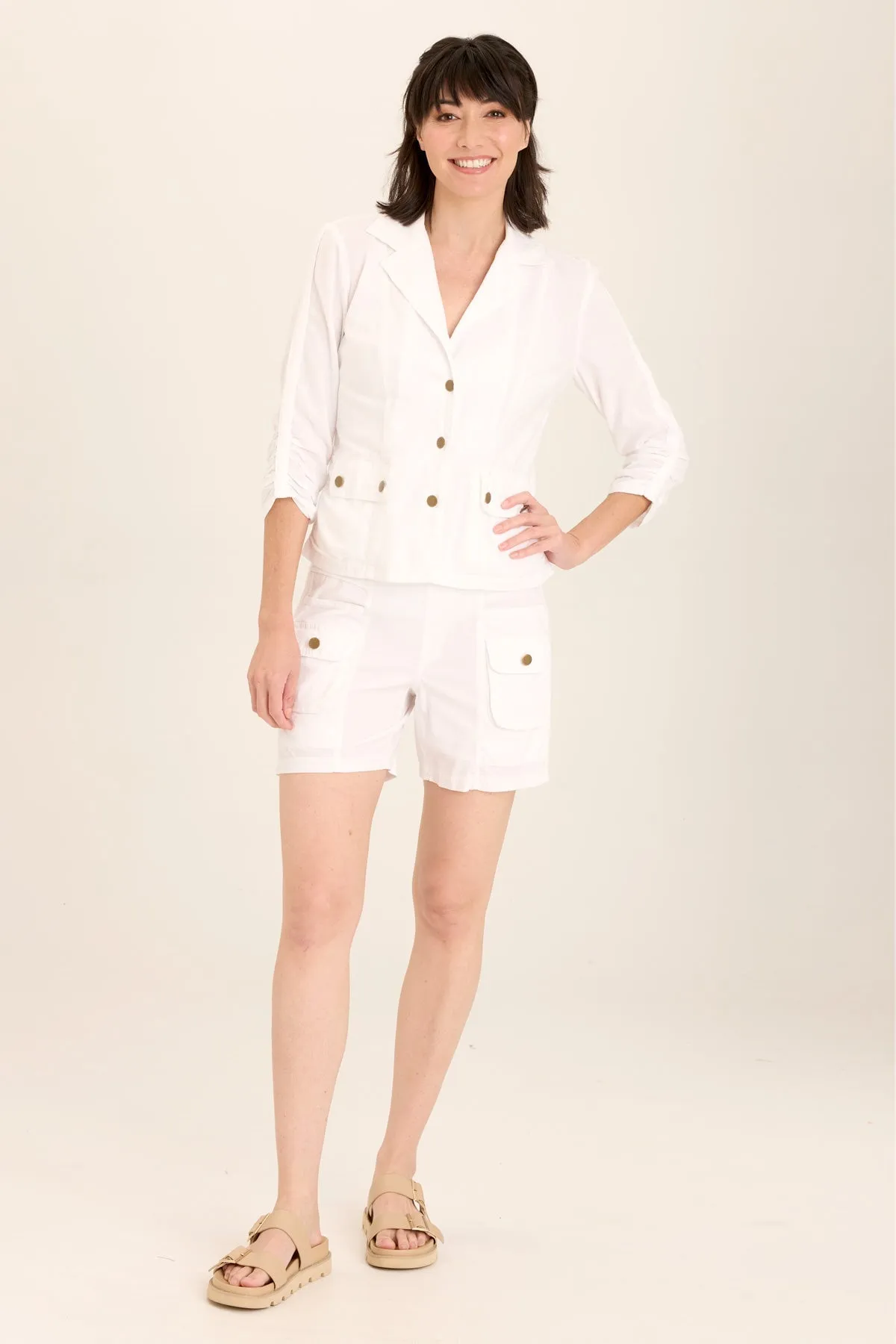 Folksy Linen/Stretch 4-Pocket Shirred Blazer