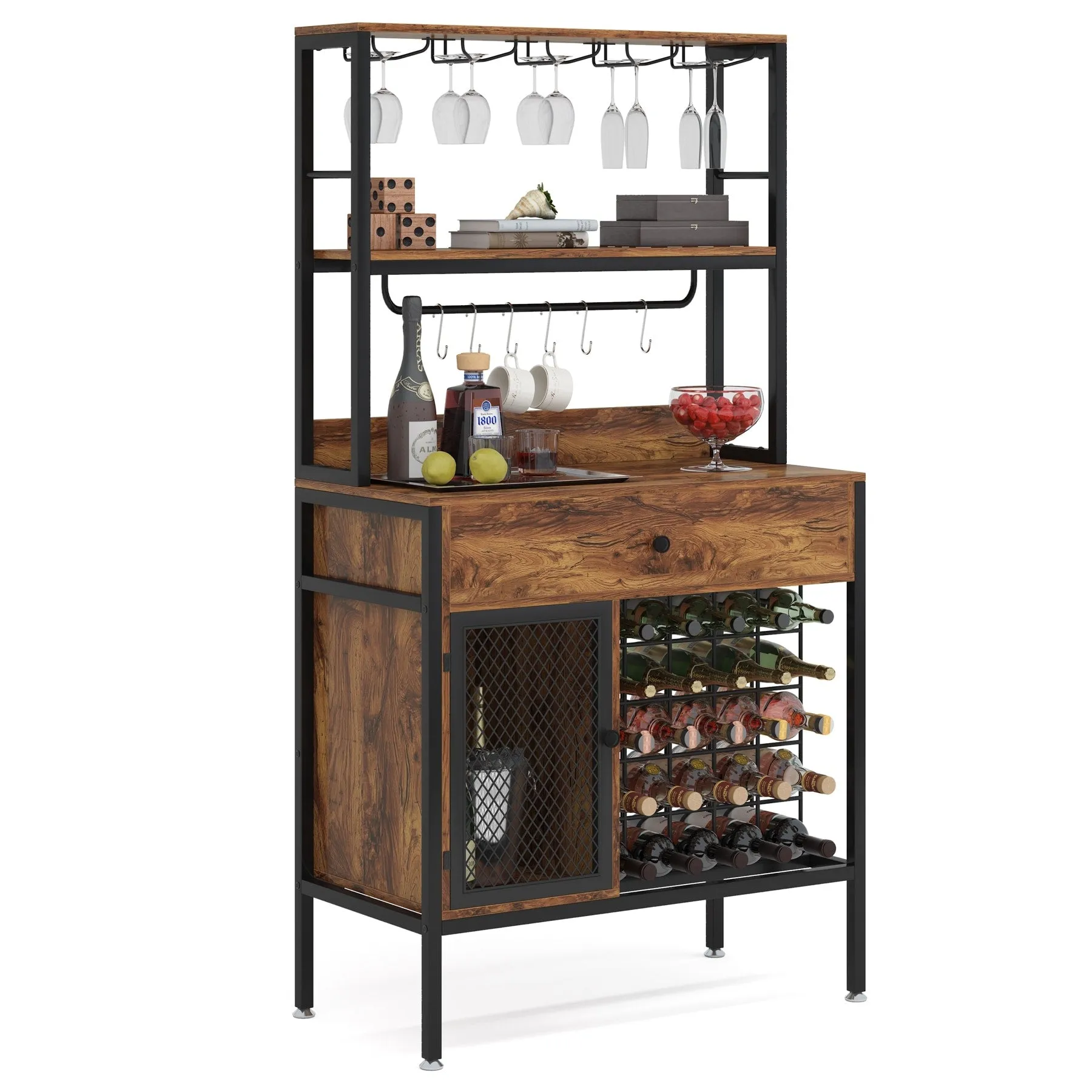 Freestanding Wine Rack Table with Drawer, Liquor Cabinet with Glass Holders, Brown W/Black Metal