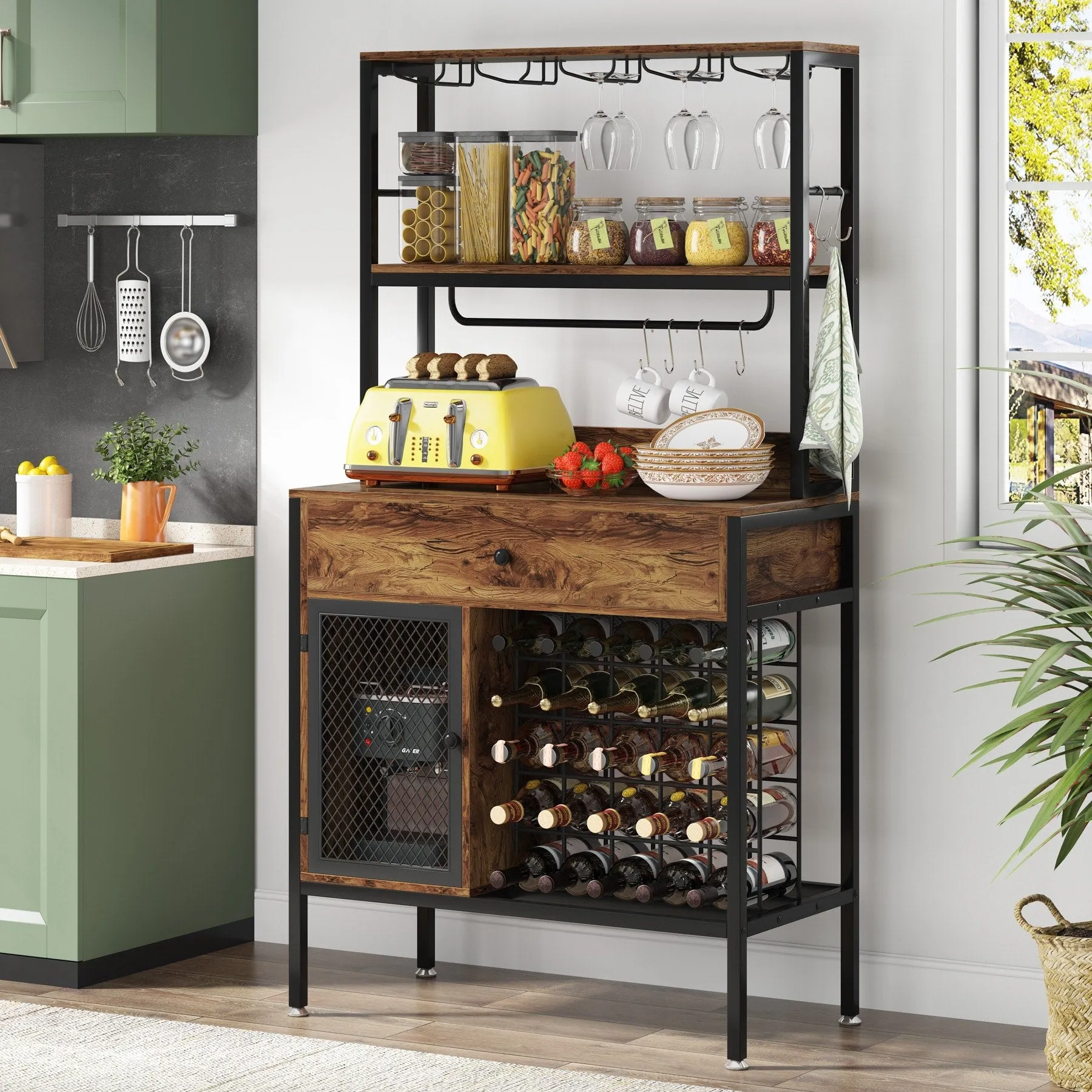 Freestanding Wine Rack Table with Drawer, Liquor Cabinet with Glass Holders, Brown W/Black Metal