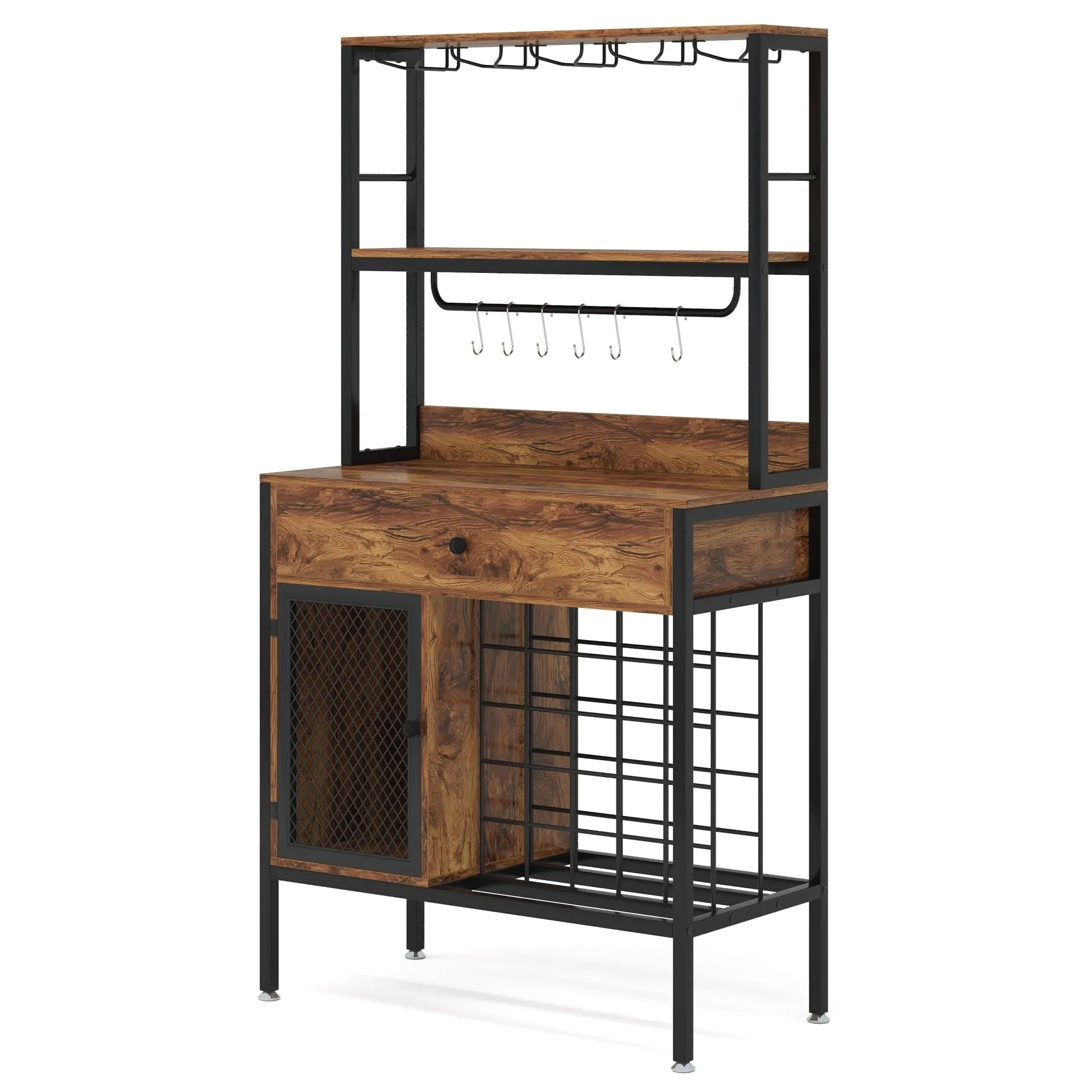 Freestanding Wine Rack Table with Drawer, Liquor Cabinet with Glass Holders, Brown W/Black Metal