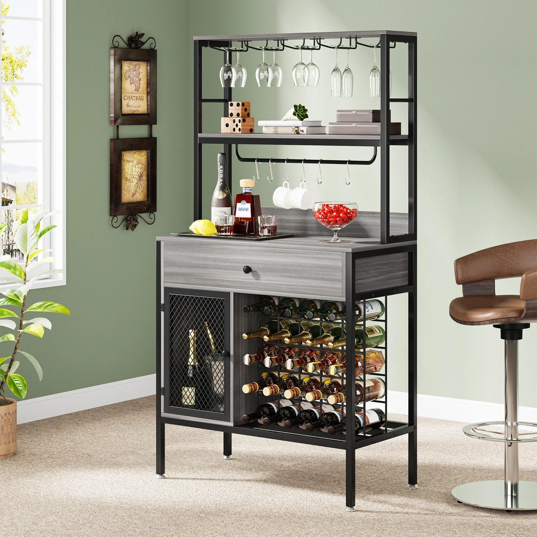 Freestanding Wine Rack Table with Drawer, Liquor Cabinet with Glass Holders, Brown W/Black Metal